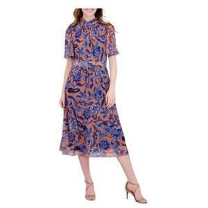 Julia Jordan Blue & Peach Floral Print Ruffled High-Neck Midi Dress. Size 10.